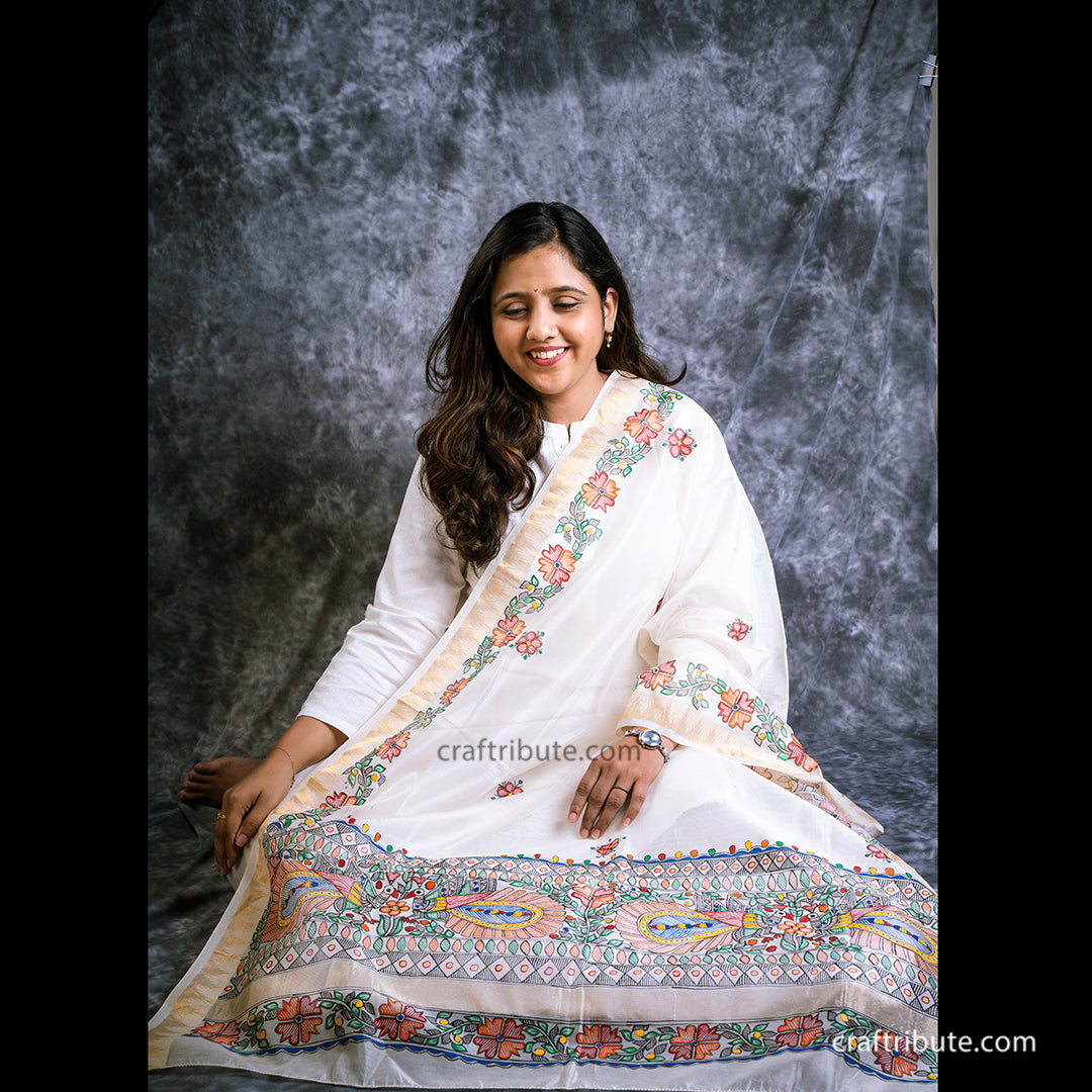 Off white Chanderi Silk Dupatta with hand painted with intricate Madhubani designs