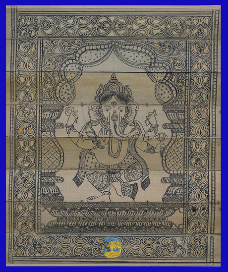 Intricate Palm Leaf Painting with blue border depicting Dancing Bal Ganesha celebrating the sacred traditions of Odisha