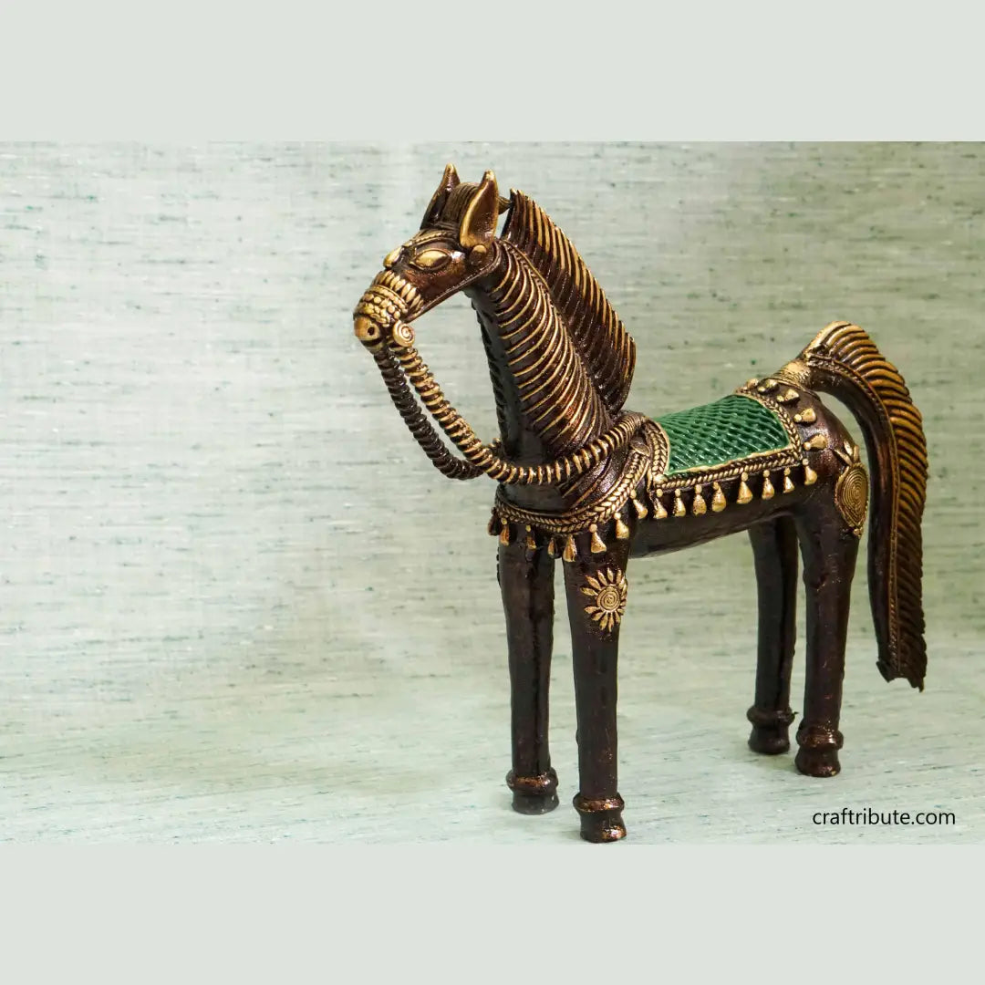Dhokra Decorative Horse with Green Saddle
