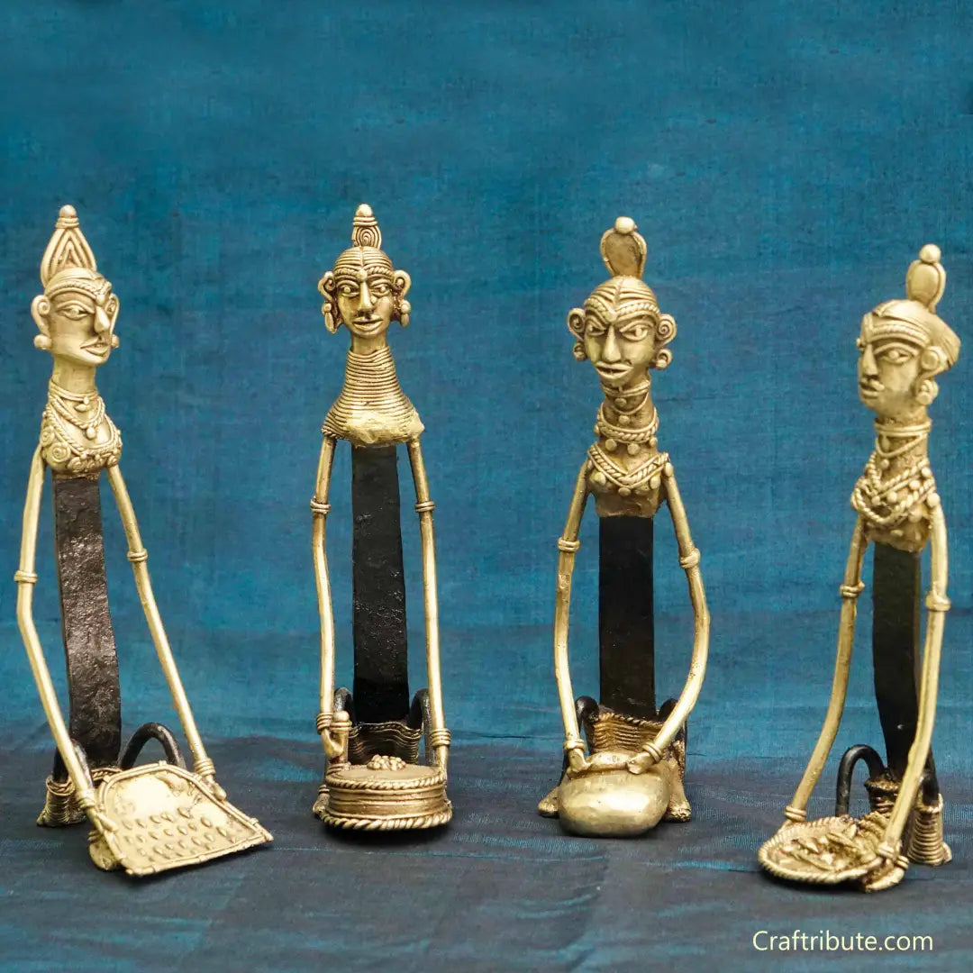 Handcrafted Brass Decorative Figurines | Craftribute | Dokra Art | Women engaged in Household Chores - Set of 4
