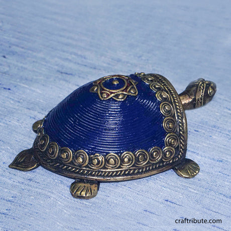 Dokra. or Bell Metal handcrafted Feng Shui Tortoise in royal blue