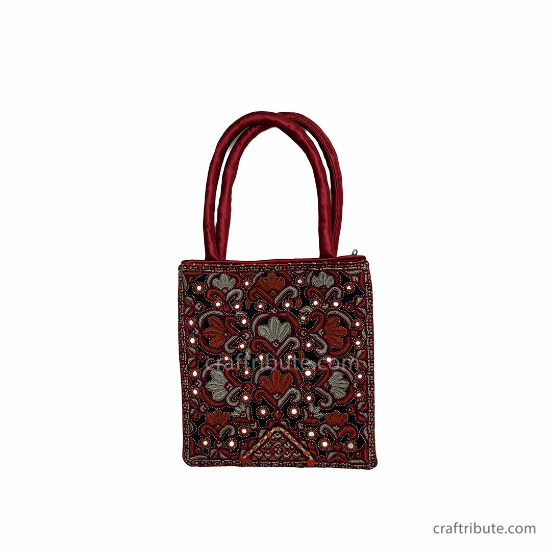Unique Red & Grey floral design bag hand embroidered in Kutch Pakko style