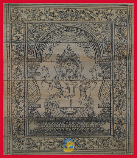 Palm Leaf Painting with bright red border depicting lord Ganesha as a scribe for Vyasa Muni