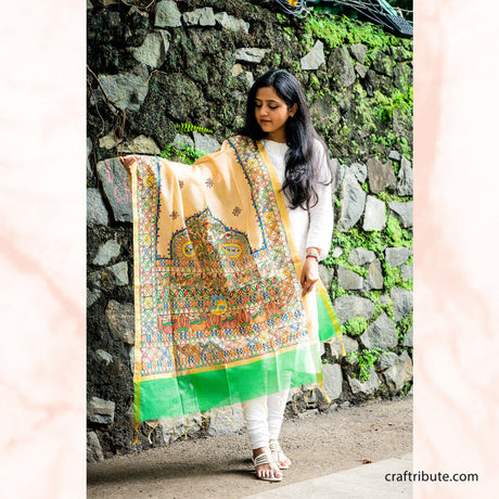 Madhubani hand painted Cotton Silk Dupatta – Green Border