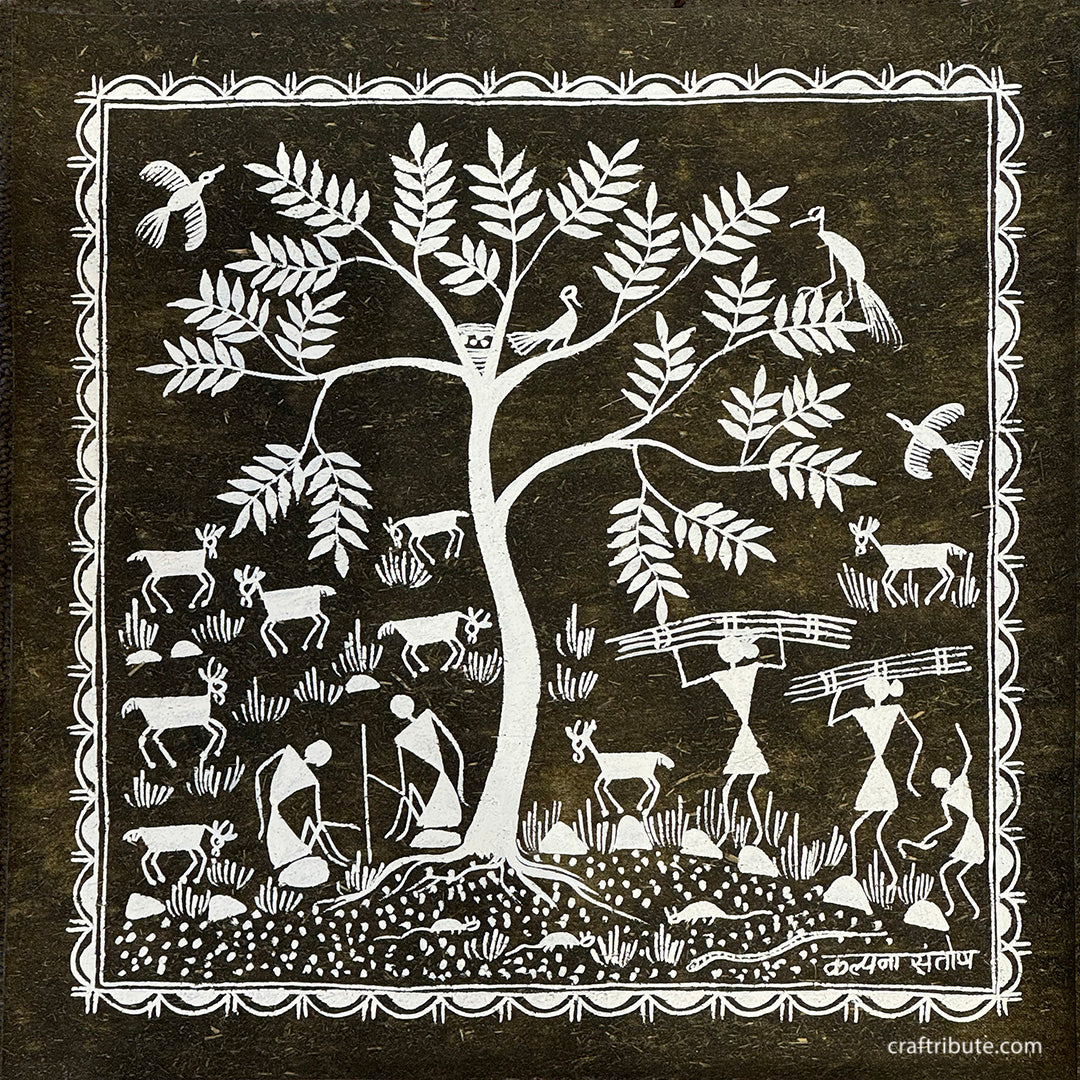 Authentic Warli Painting | Craftribute | Tree & Sheep | Wall Decor 30 cm x 30 cm
