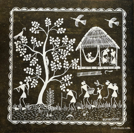 Authentic Tribal Warli Painting | Craftribute | Tree & House | Wall Decor 30 cm x 30 cm