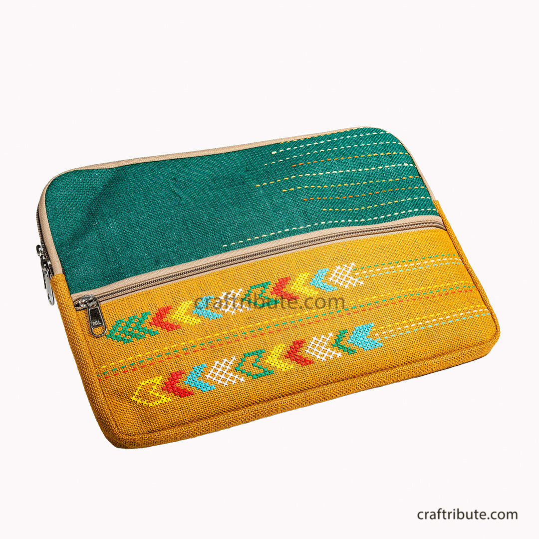 Classy & vibrant hand embroidered 15" Laptop Sleeve in combination of Green & Yellow by Kamli Tribes