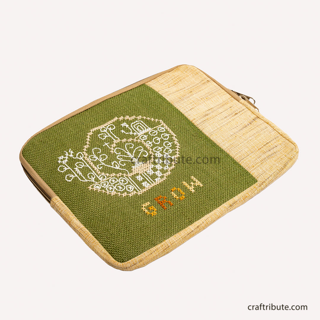 iPad Sleeve / Jute - Cotton Tablet Bag With Hand Embroidery | Kamli Tribes | Grow | 27.5 cm x 21.5 cm