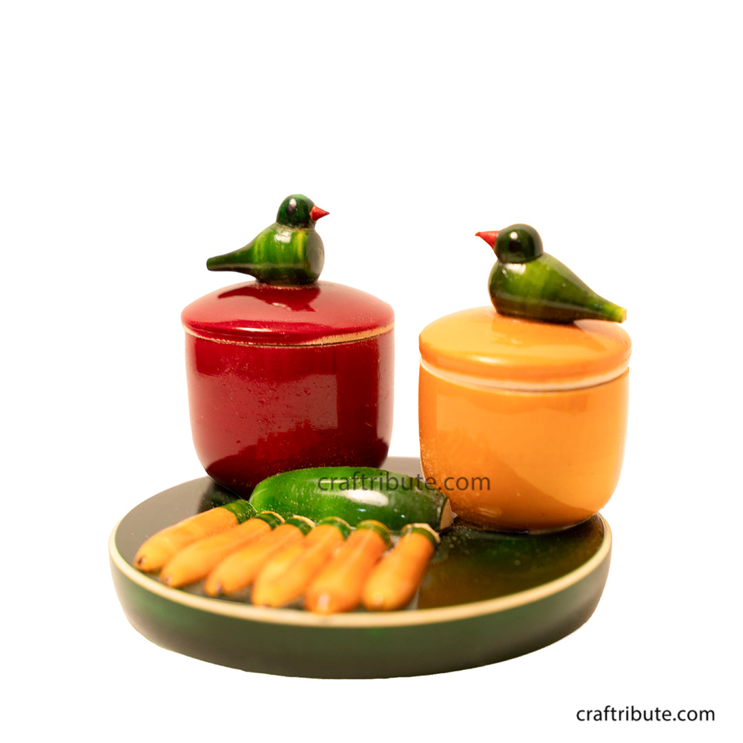 Handcrafted lacquer finished wooden Haldi Kumkum container with Plantains