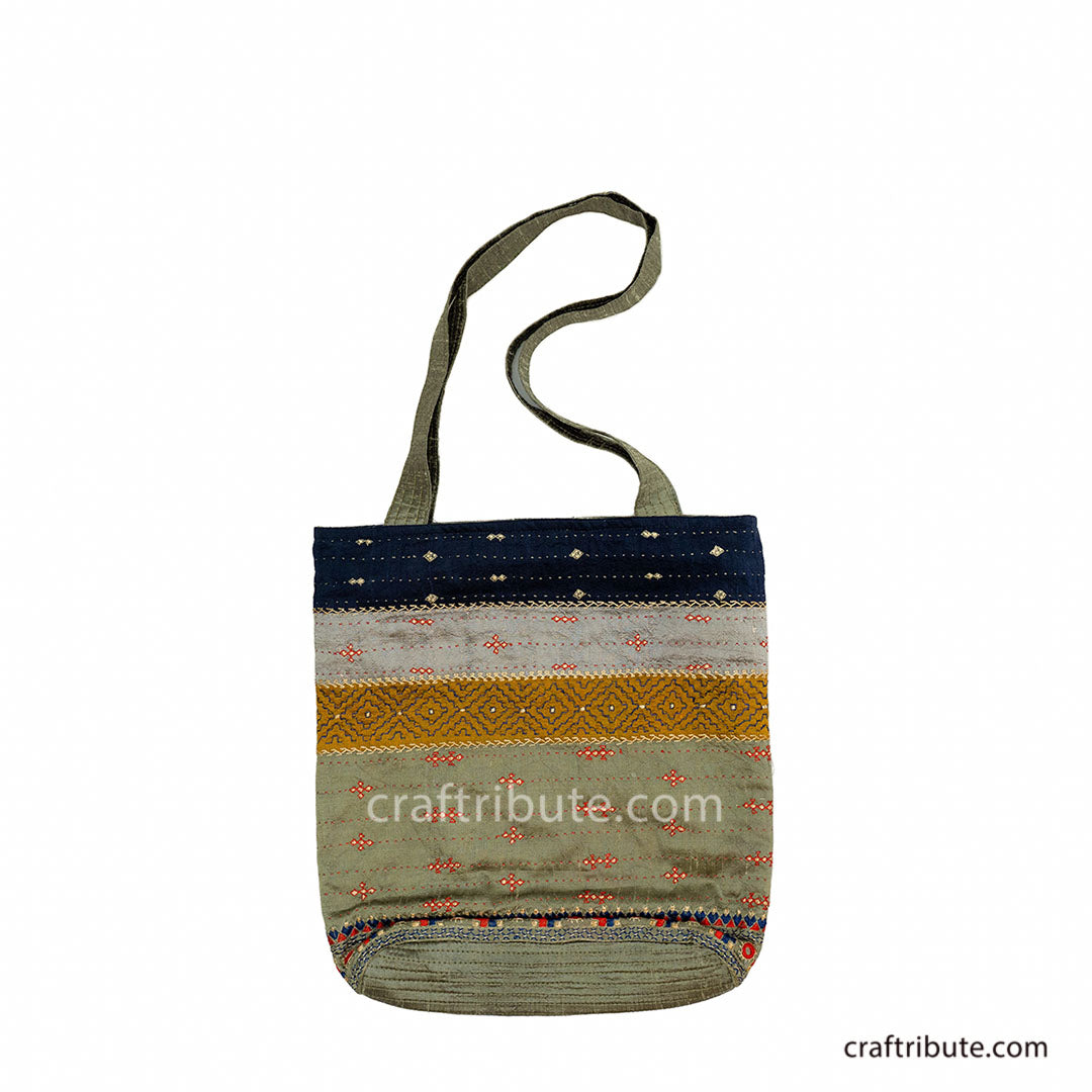 Kutch Khudi Sebha, Hand Embroidered Tote Bag with Stripes design in Green and Navy blue colour combination