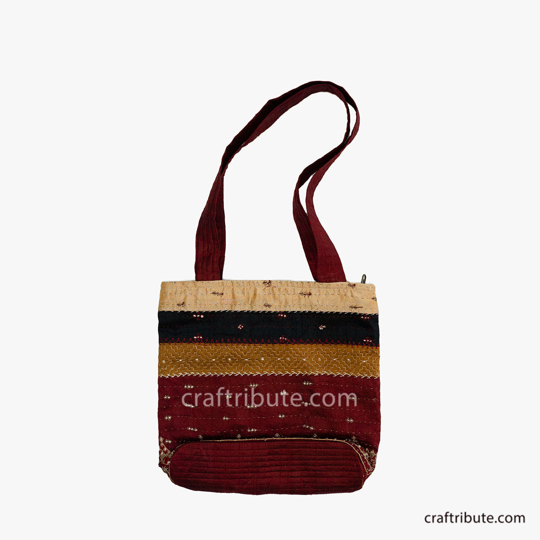 Back side of a Kutch Khudi Sebha, Hand Embroidered Tote Bag with Red & Beige stripes