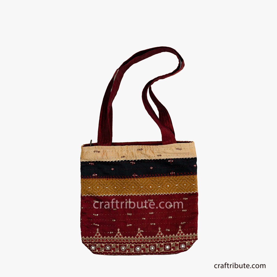 Front side of a Kutch Khudi Sebha, Hand Embroidered Tote Bag with Red & Beige stripes