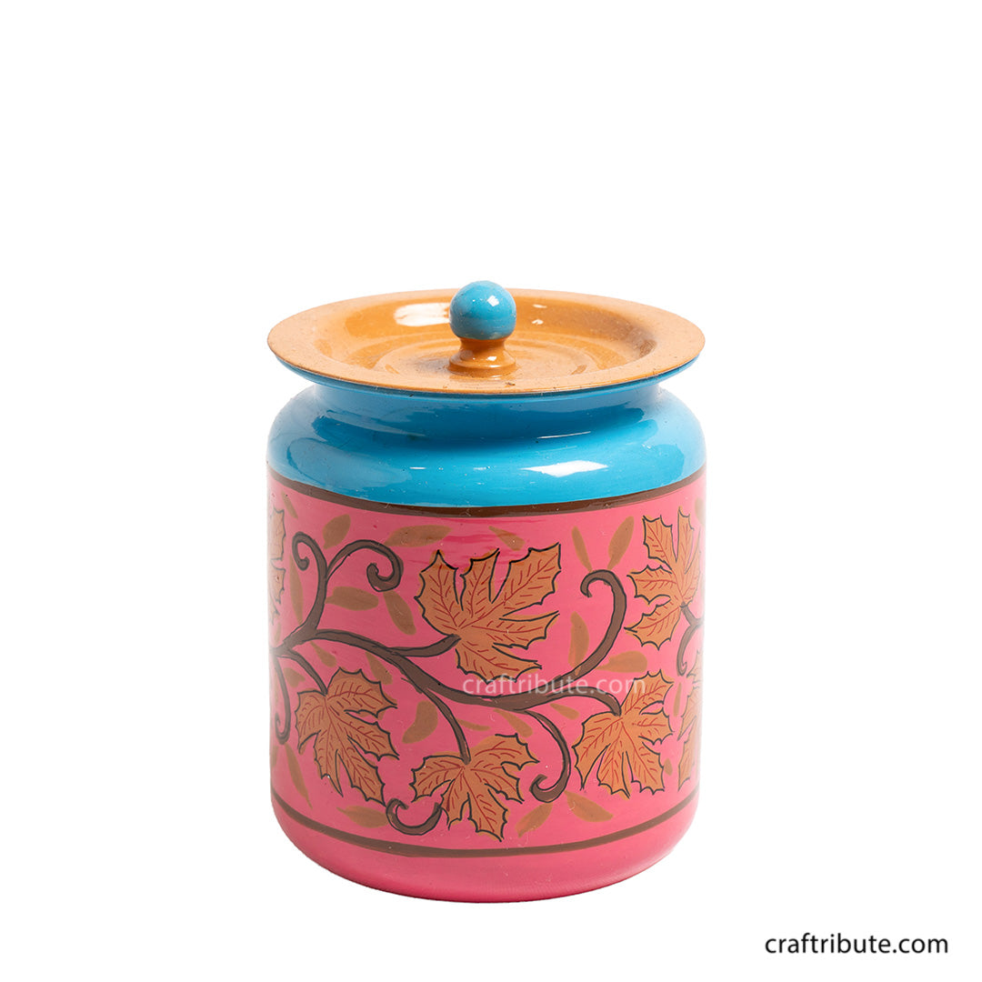 Front view of hand painted Naqashi steel jar in Blue and Pink colour combination and chinar leaf design