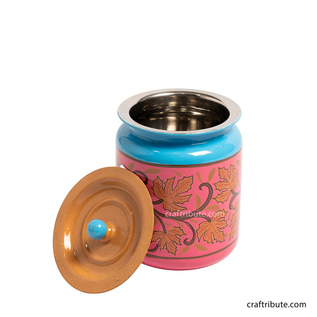Hand painted Naqashi steel container in Blue and Pink colour combination and chinar leaf design