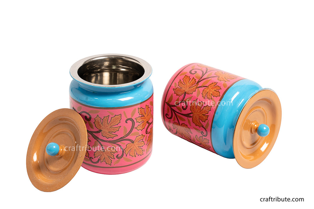 Set of two hand painted Naqashi steel jars in Blue and Pink colour combination and traditional chinar leaf design