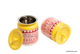 Pair of hand painted Naqashi steel jars in white and red geometric design