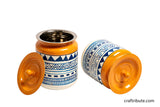 Set of two hand painted Naqashi steel jars with white and blue geometric design