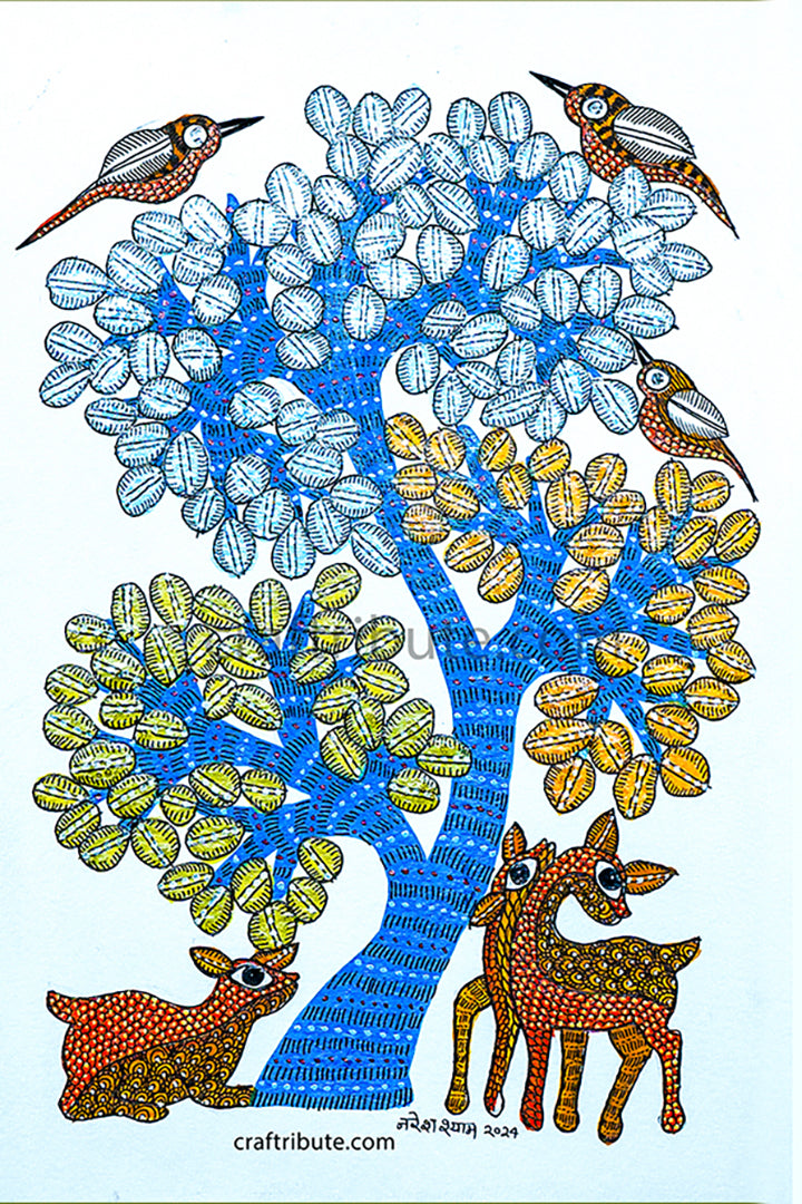 Gond Painting by Tribal Artisan with intricate detailing of its leaves, textures on a bark and the birds and deer below it