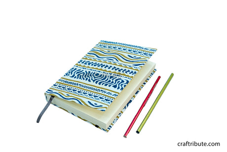 Handmade Paper Notebook with waves design and  ruled pages and an elastic band