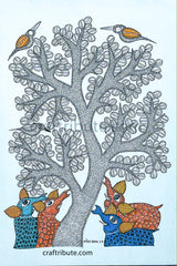 Gond Painting detailing a tree in grey with colourful elephants under the tree
