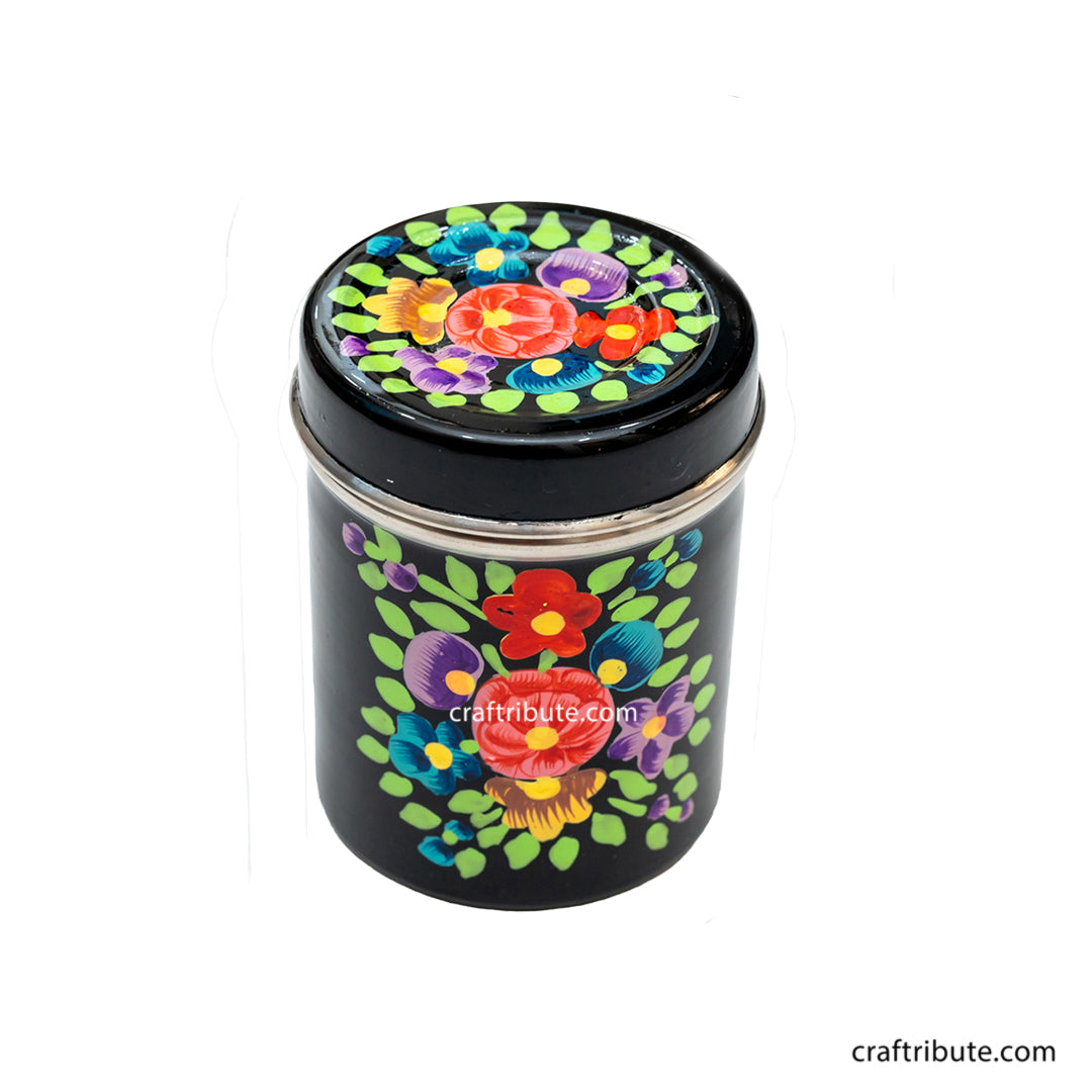 Hand painted steel container in black colour with floral design in bright colours