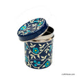 Blue pottery style hand painted steel container with an open lid