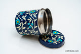 Artistic view of a Hand painted steel container in jaipur blue pottery style by Naqashi artisans from Kashmir