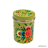 Attractive Olive green steel container with bright floral design hand painted by Naqashi artisans from Kashmir
