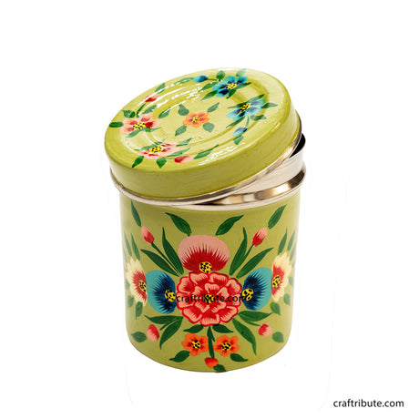 Olive green steel container with bright floral design hand painted by Naqashi artisans from Kashmir