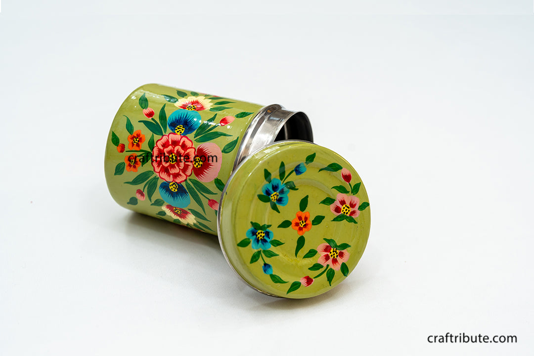 Olive green steel container hand painted by Naqashi artisans from Kashmir