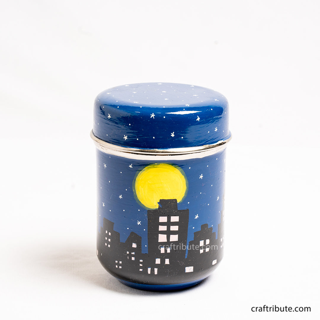 Hand painted Naqashi container from the valley of Kashmir with beautiful city silhouette and night sky on best quality steel