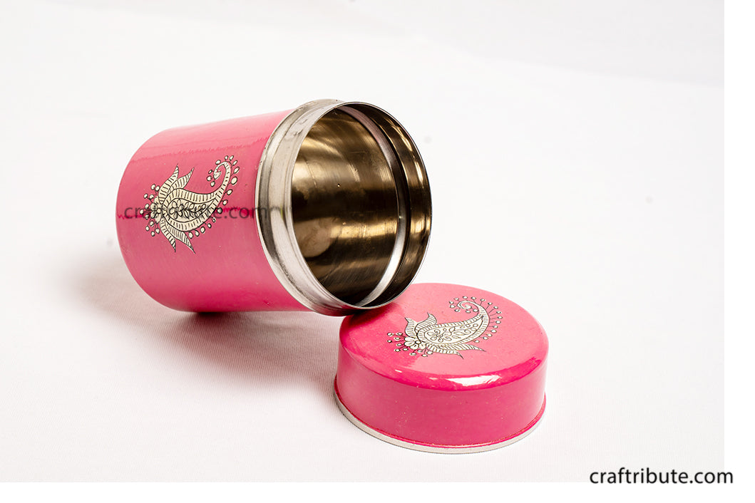 Picture depicting a pink hand painted steel container by Naqashi Artisans from Kashmir with Paisley design