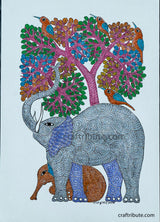 Tribal Art Gond Painting depicting elephants under a tree