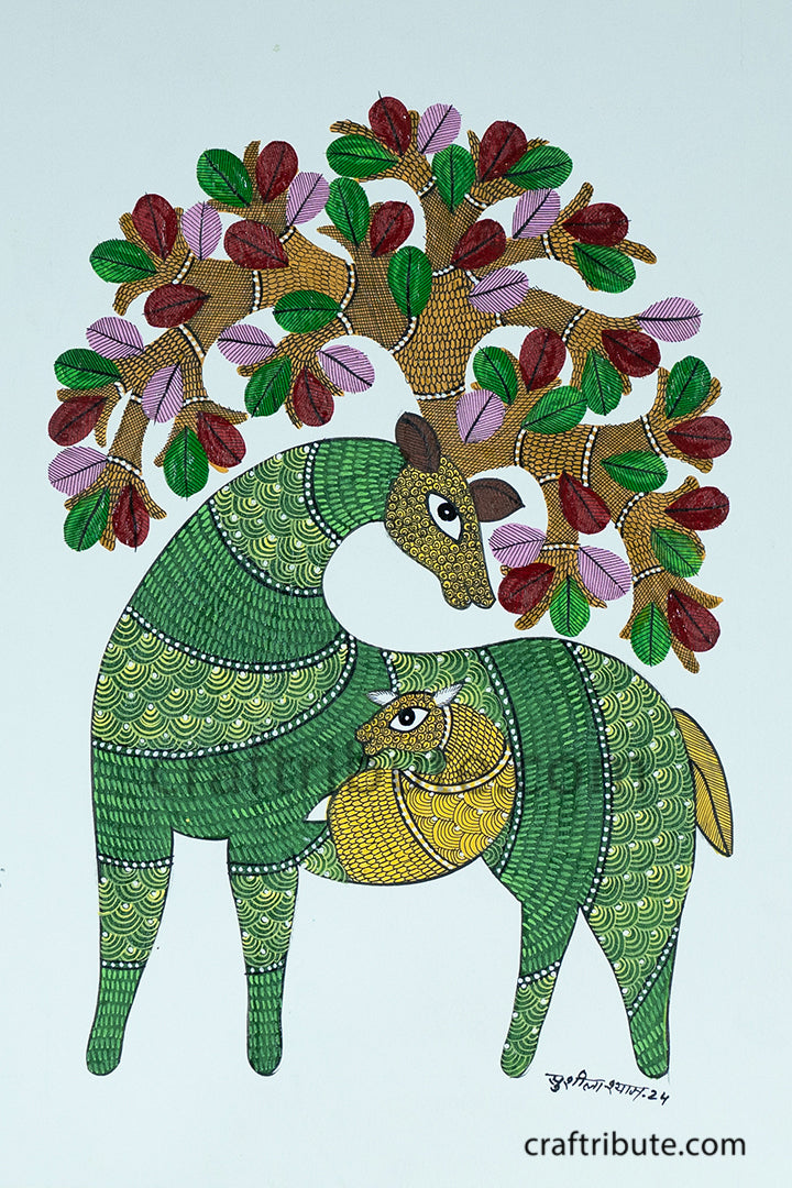 Attractive Gond Art with a deer carrying a baby in its womb and branches sprouting from its horns