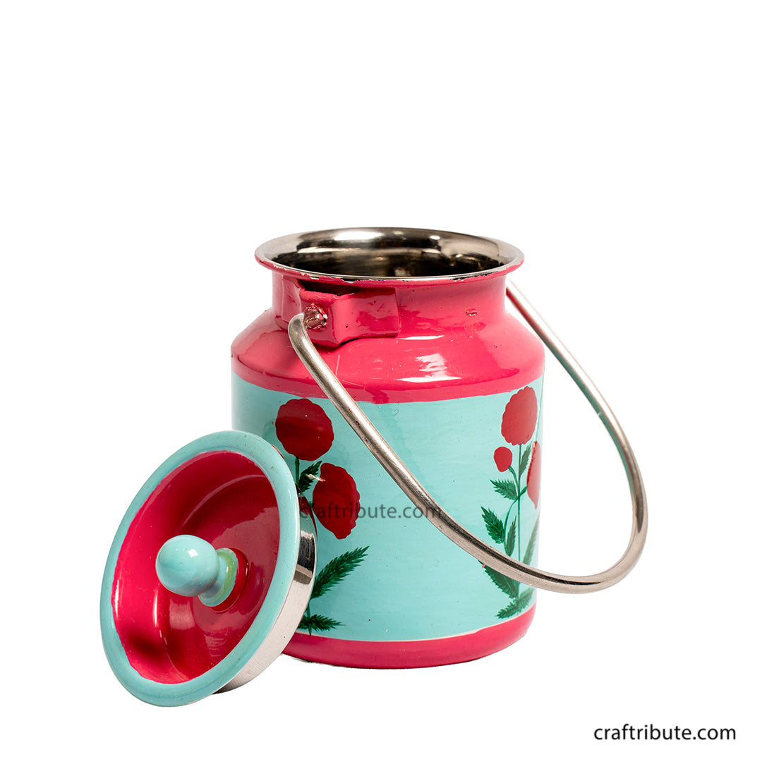 Picture depicts a high quality steel container hand painted in pink & green with a delicate floral buti