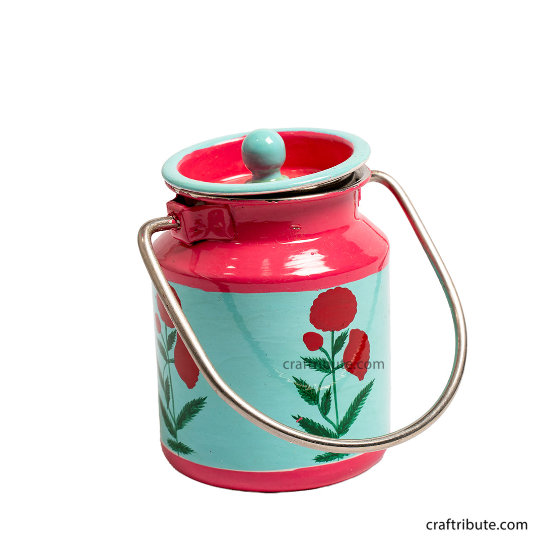 304 Grade steel container hand painted by Naqashi artisans from Kashmir in pink & green with a delicate floral buti