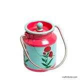 Steel container hand painted by artisans from Kashmir in pink & green with a delicate floral buti depicting the traditional Naqashi Art