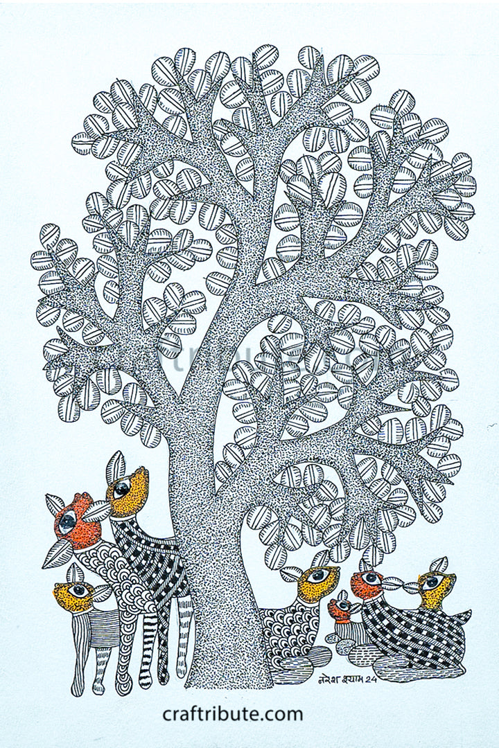 Hand painted Gond Art with intricate textures and colourful deer underneeth