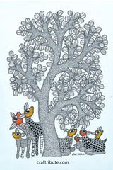Hand painted Gond Art with intricate textures and colourful deer underneeth
