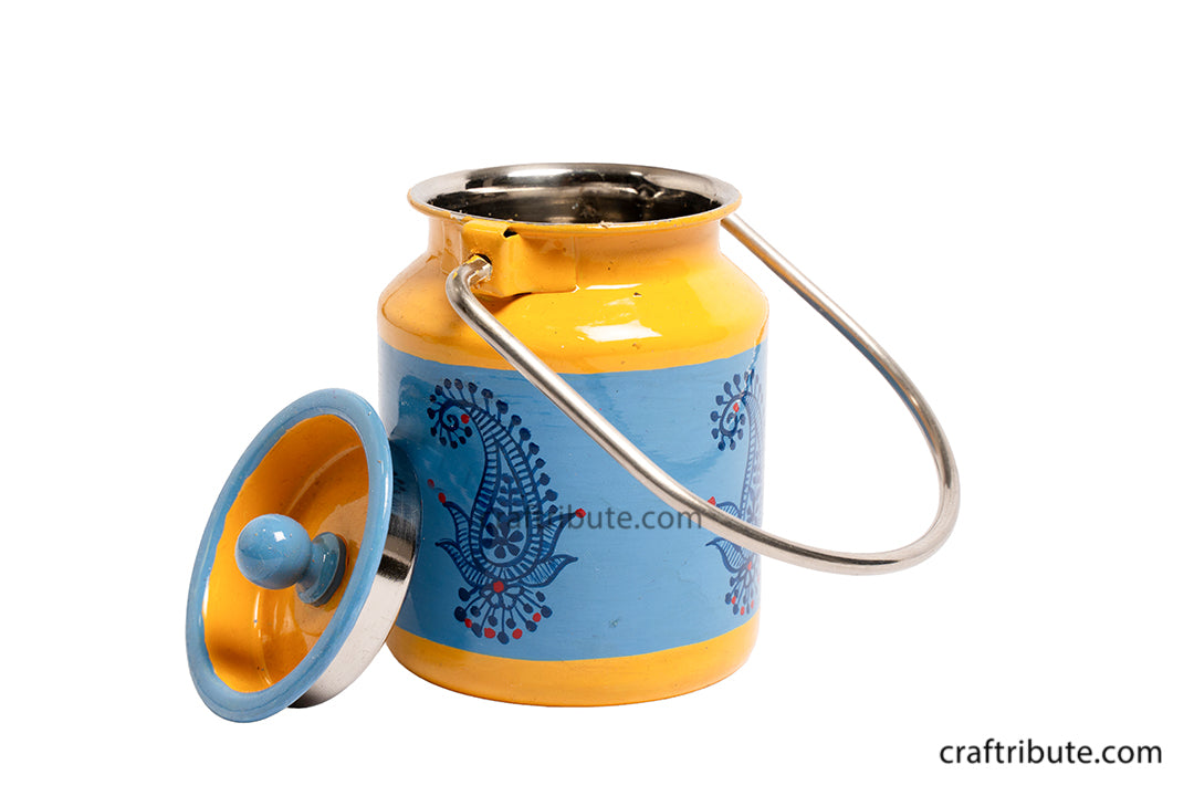 Attractive Steel container with handle hand painted by Naqashi artisans in Kashmirin yellow & blue colour and embellished with a delicate paisley design