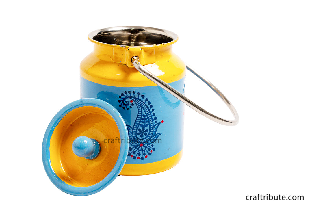 Attractive Steel container with handle hand painted by in yellow & blue colour and embellished with a delicate paisley design