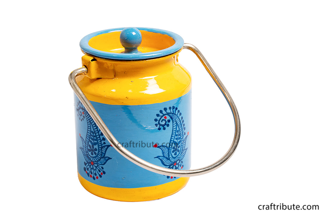Attractive Steel container with handle hand painted and embellished with a delicate paisley design