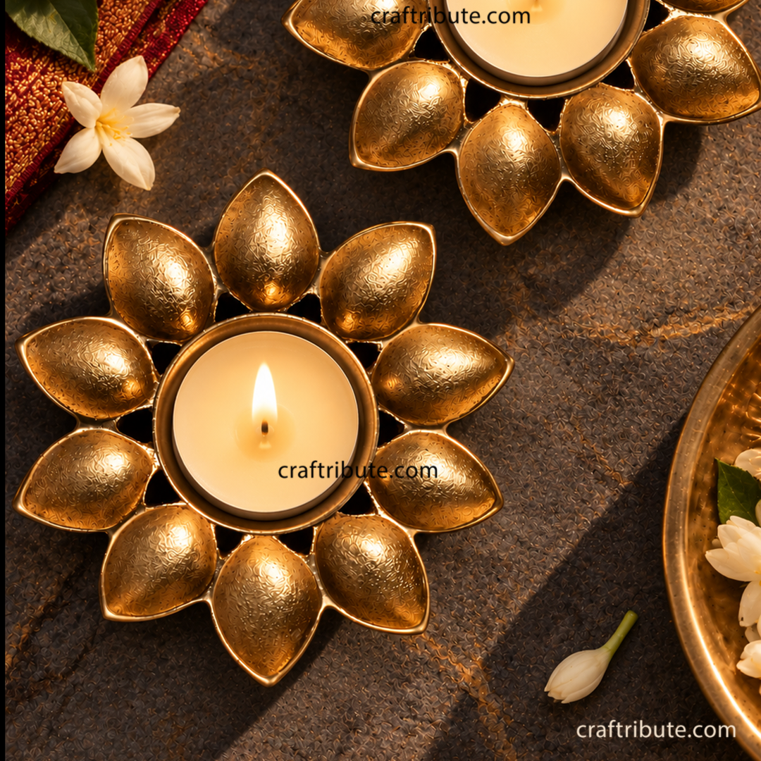 Handcrafted Brass Floral Tea Light Holder | Single Layer | Diameter 10 cm | Craftribute