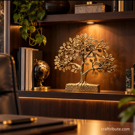 Handcrafted brass Bodhi tree sculpture displayed on a softly illuminated wooden shelf behind an executive desk, adding an elegant, meaningful accent to a sophisticated corporate office.