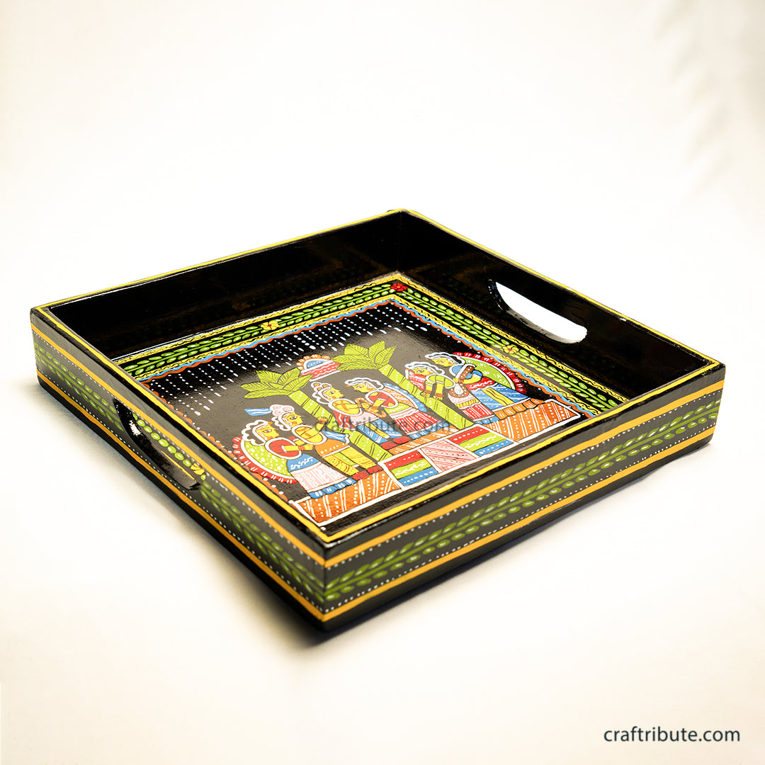 Tikuli Art - Hand Painted Wooden Serving Tray-Square | Craftribute | Wedding | 25 cm x 25 cm x 4 cm