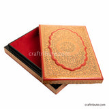 Hand painted open Jewellery Box in Red and Golden showcasing the rich velvet finish inside