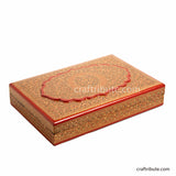 Side view of a Hand painted Jewellery Box in Red and Golden with intricate Naqashi Design from Srinagar, Kashmir