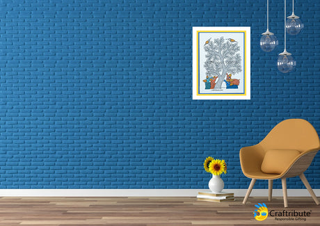 Blue Living Room Wall highlighting a framed Gond Painting