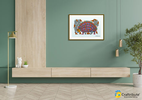 Tribal Art from Madhya Pradesh - Gond Painting of a colourful depiction of porcupine framed on the wall.
