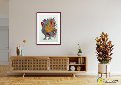 Tribal Art - Majestic Gond Painting of a Rooster framed on the wall